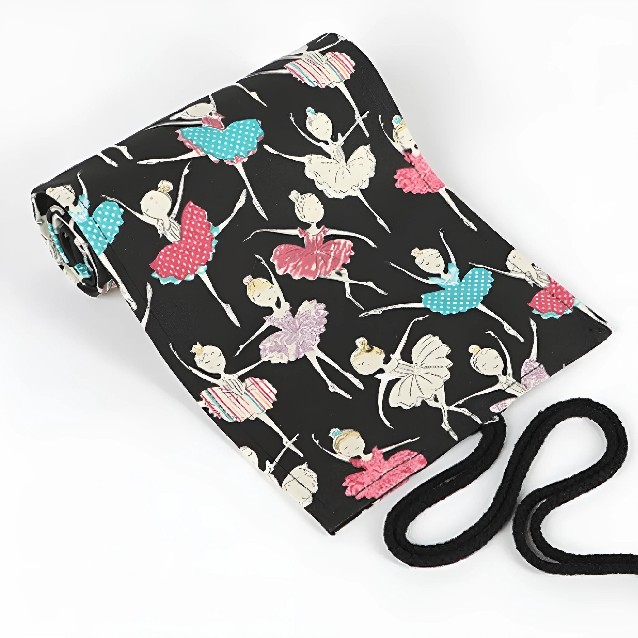 Canvas rolling pencil case with ballet girl print, showing multiple pencils organised in holes.