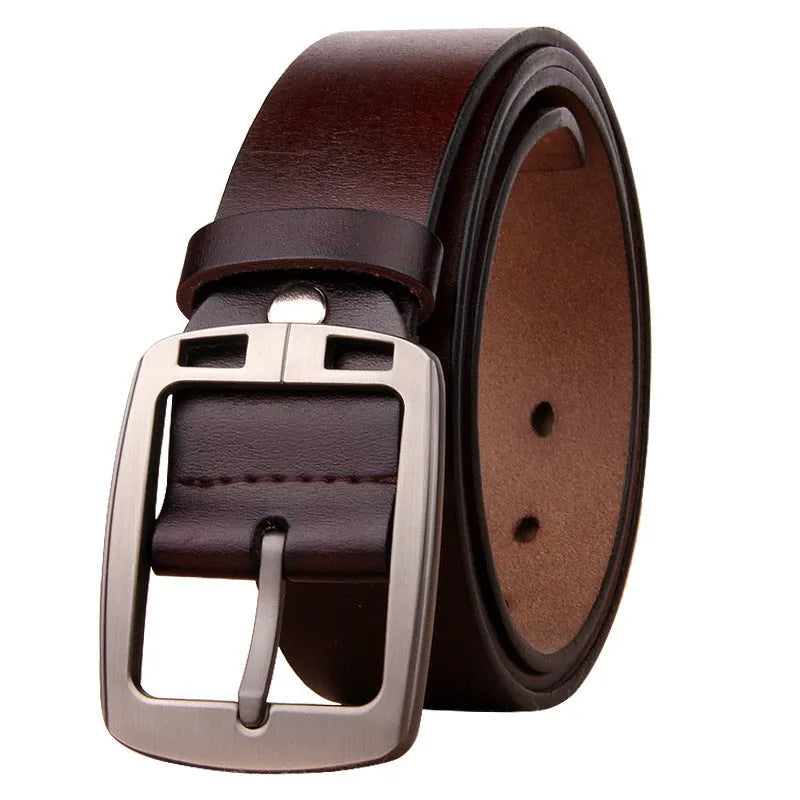 Genuine leather retro men's belt with alloy pin buckle, black colour, 120cm length, on plain background