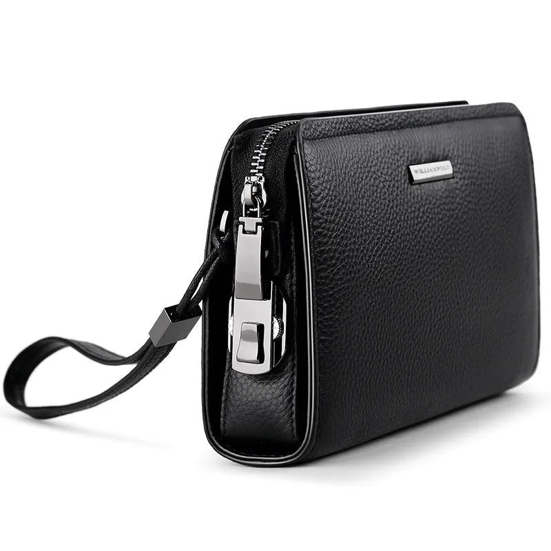 Men's genuine leather clutch wallet with litchi pattern embossing, anti-theft sandwich pocket, and removable handle in black
