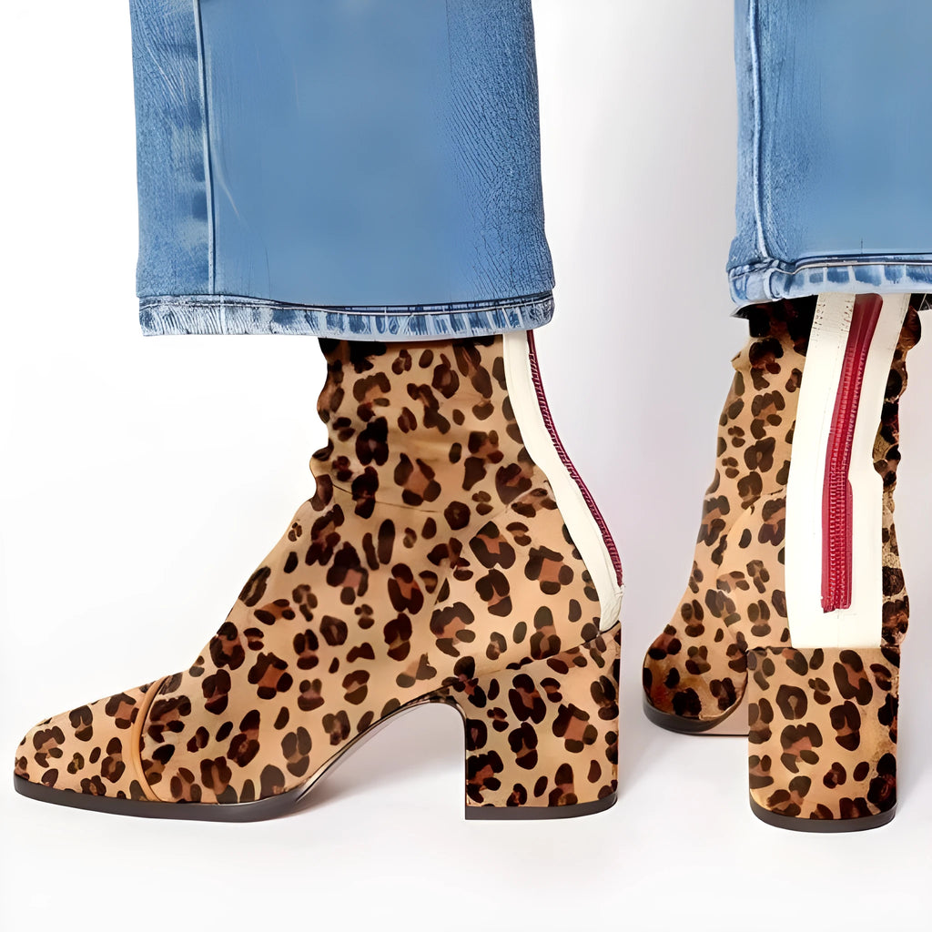 High heel square toe suede Martin boots with chunky heel and back zipper in leopard print colour