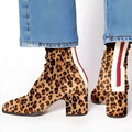 High heel square toe suede Martin boots with chunky heel and back zipper in leopard print colour