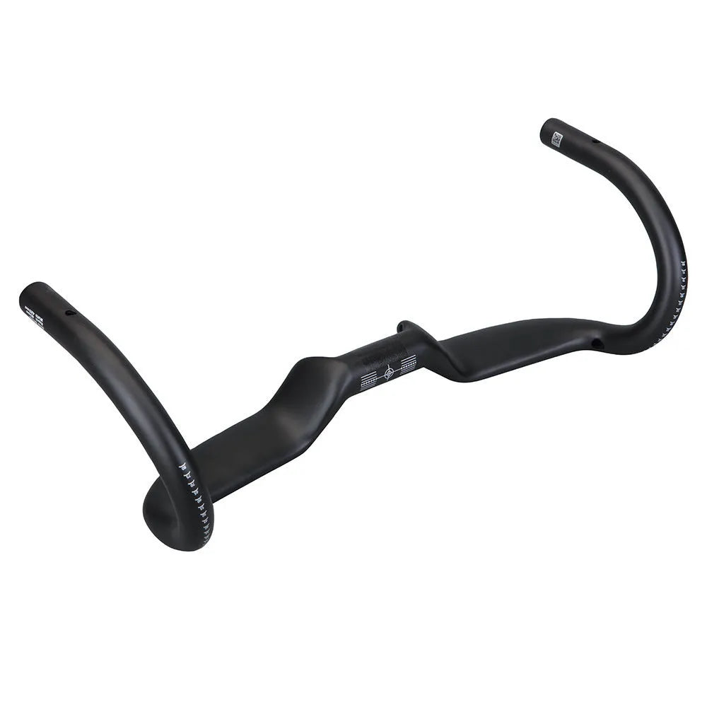 Black carbon fibre bicycle handlebar showing bent shape, with 31.8mm clamp area.