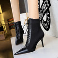 Women's black stiletto heel boots with pointed toe and back zipper, 6-8cm heel, sizes 34-43