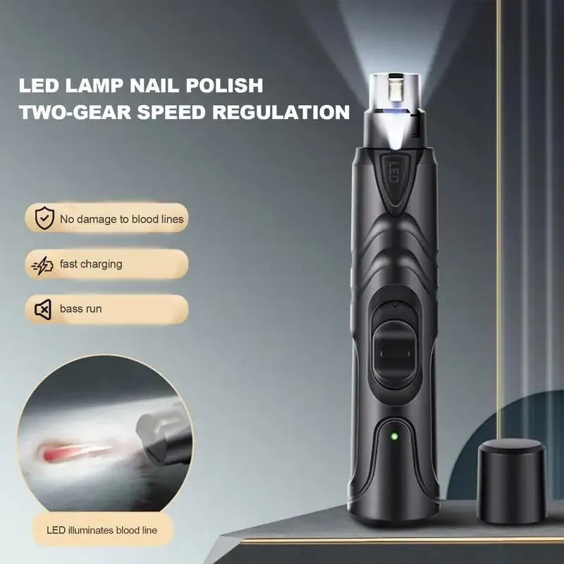 Lighted dog nail grinder with LED, two-speed rechargeable, black ABS, 14.5 cm length