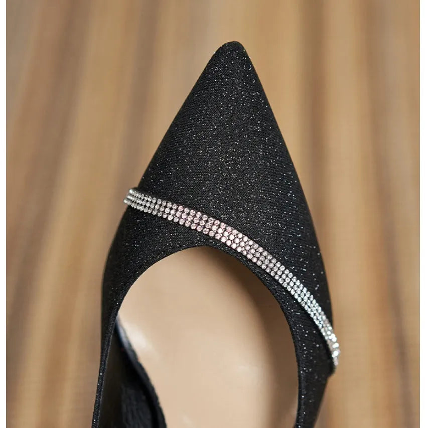 Black French style sequined high heels with 7CM stiletto heel and low-cut upper