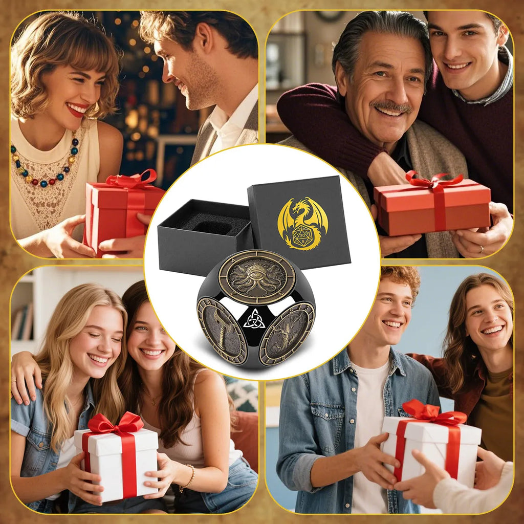 6-pack retro metal dice wheel gift box set with bronze, dark silver, and black finishes on a tabletop