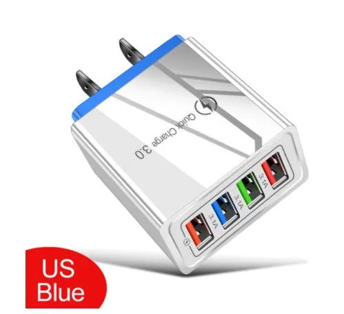 Simple Luminous 4-port USB wall charger with UK plug in dark blue, showing four USB ports and power light.