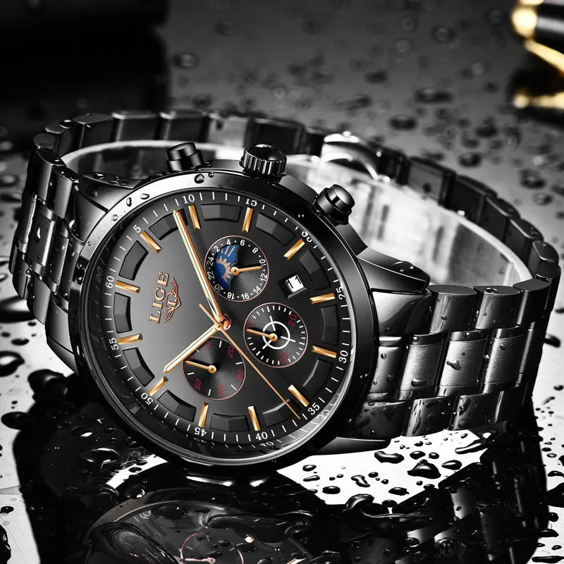 Men's waterproof quartz sports watch with 12mm case in black, blue, or rose gold colour options