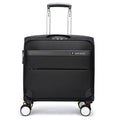 Black 18-inch carry-on cabin suitcase with retractable handle, four wheels, and combination lock on anti-theft zips.