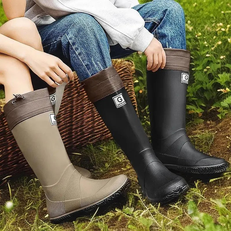 Men's and Women's High Non-slip Wear-resistant Rain Boots in black, with plastic upper and flat heel