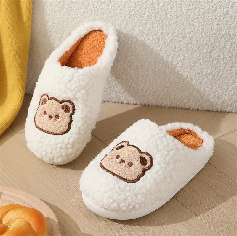 Cartoon bear plush slippers with TPR non-slip sole in white or coffee, unisex sleeve style, sizes 36-45