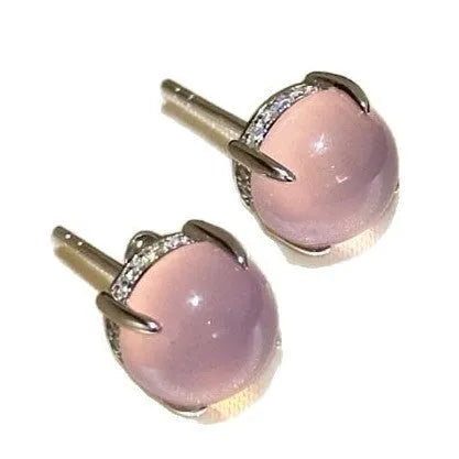 Chinese style round egg surface chalcedony earrings with geometric design and copper four claw setting