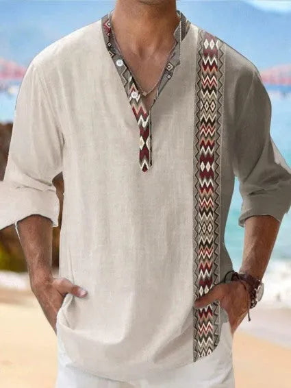 Long sleeve striped Hawaiian shirt in a digital bamboo linen pattern, shown in lilac colour.