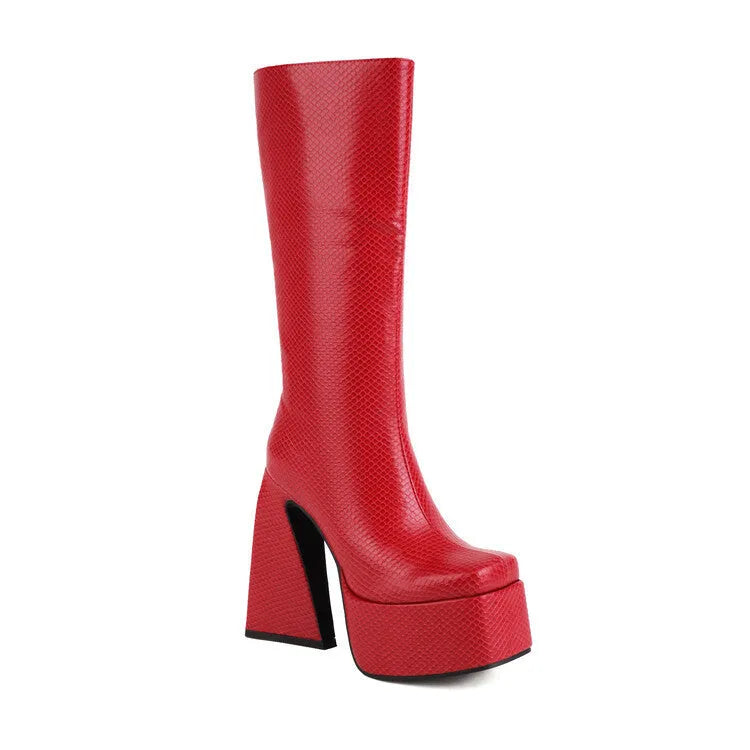Women's black casual high boots with a PU upper, shown from the side.