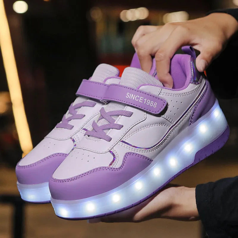 Children's light up roller skates in pink, showing LED illuminated wheels and adjustable sizing.