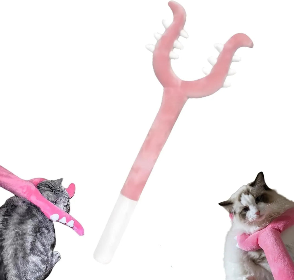 Blue plush cat wand toy with foam-filled head measuring 70cm length