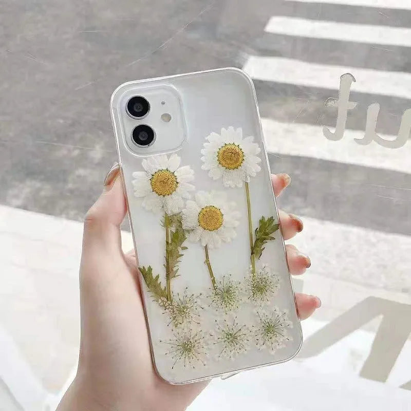 White TPU phone case with epoxy daisy floral design for iPhone XR to 13 series