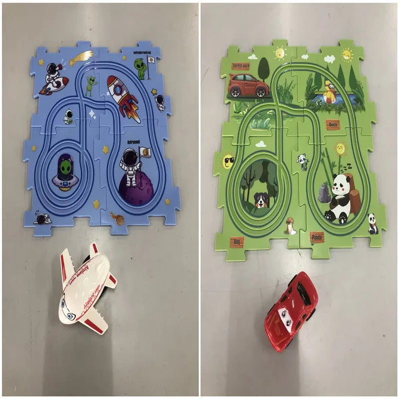 Children puzzle electric railroad speeder DIY assembly track set with automatic car and plastic pieces in multiple themes