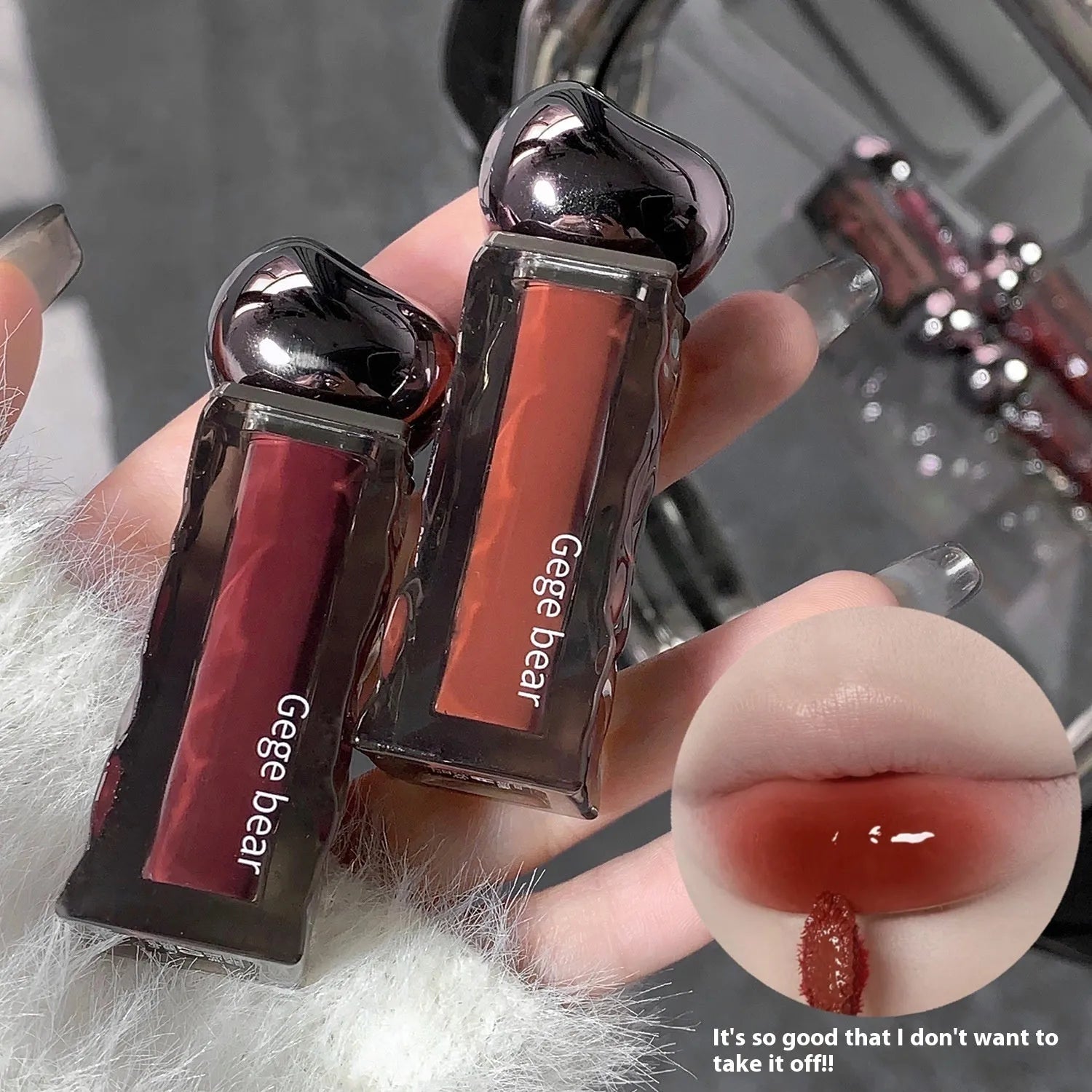 Mirror finish lip lacquer tube with water-light glossy texture in seven numbered colour shades