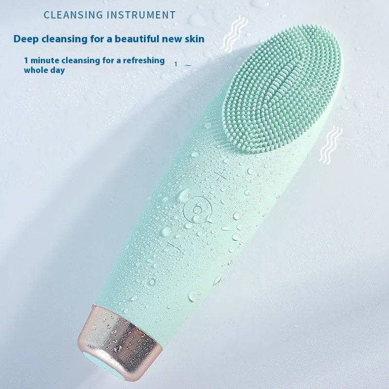 Green rechargeable silicone facial cleanser with seven speed settings and ABS body