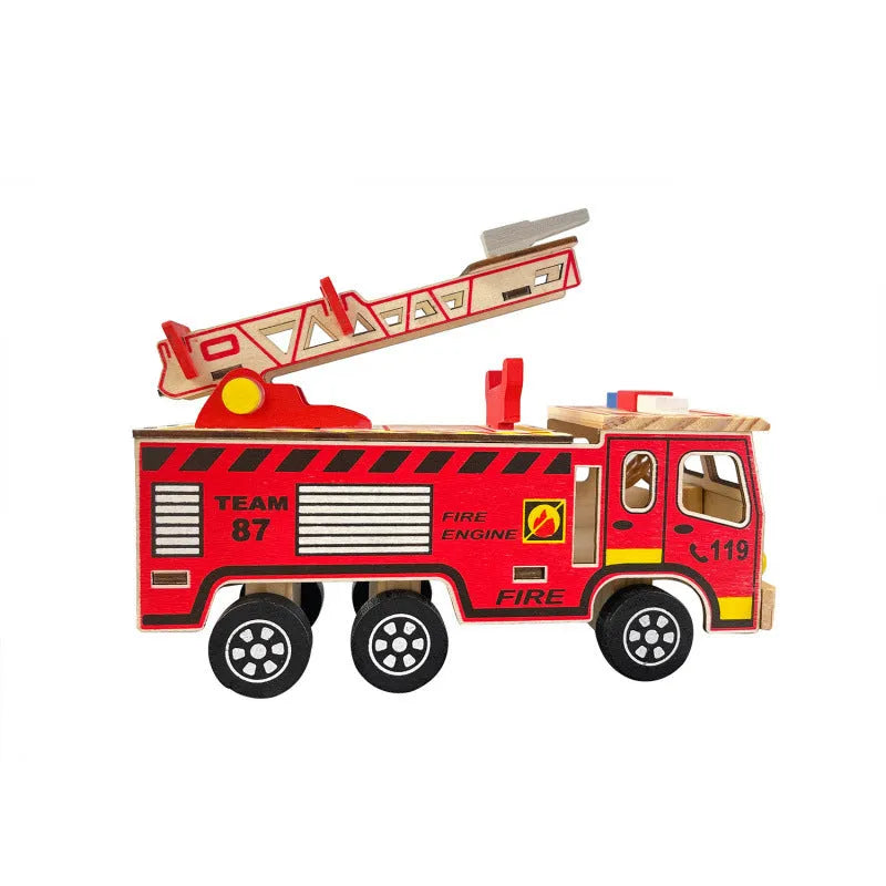 Colourful wooden fire truck model toy on a white background, 21.5cm long, bright default colour