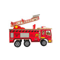 Colourful wooden fire truck model toy on a white background, 21.5cm long, bright default colour