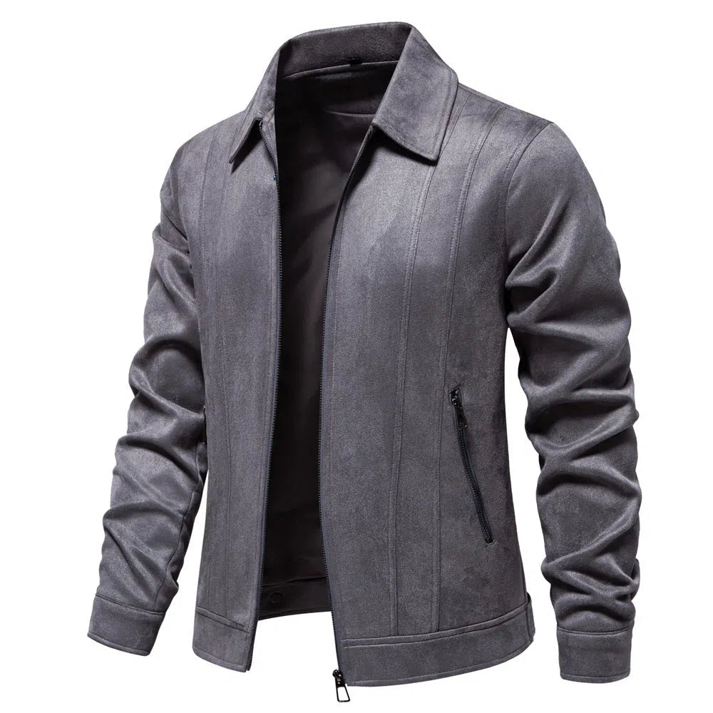 Men's solid suede lapel zipper jacket autumn winter outdoor coat front view