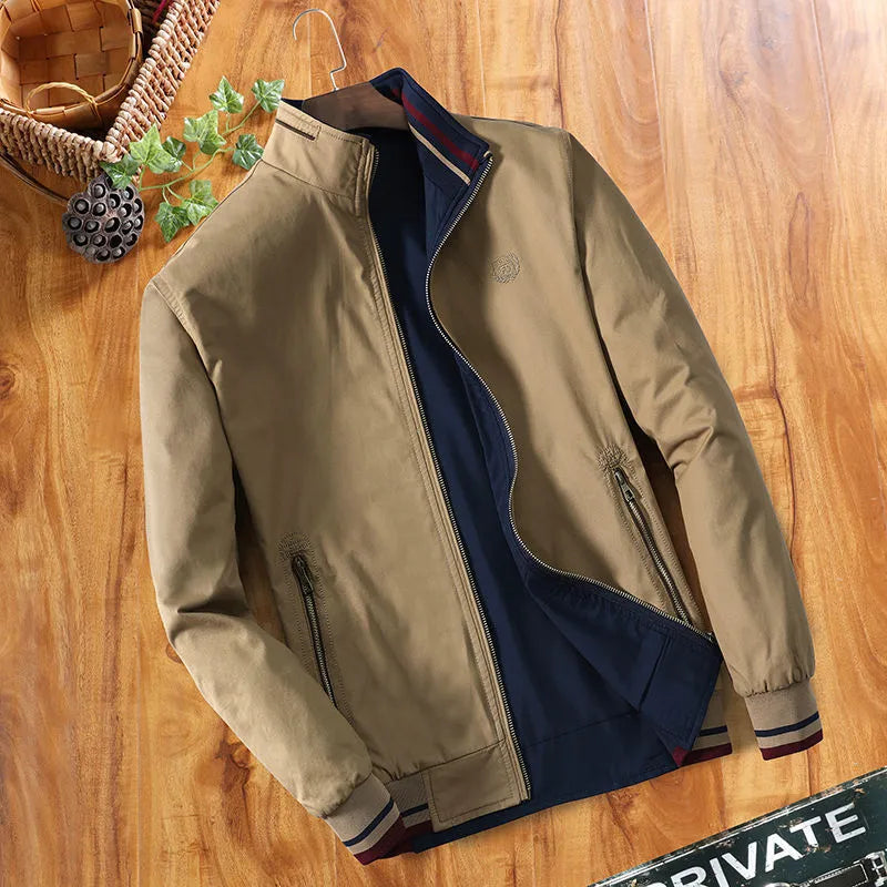 Plus velvet thick winter jacket for middle aged men, brown cotton, stripe design, zipper front