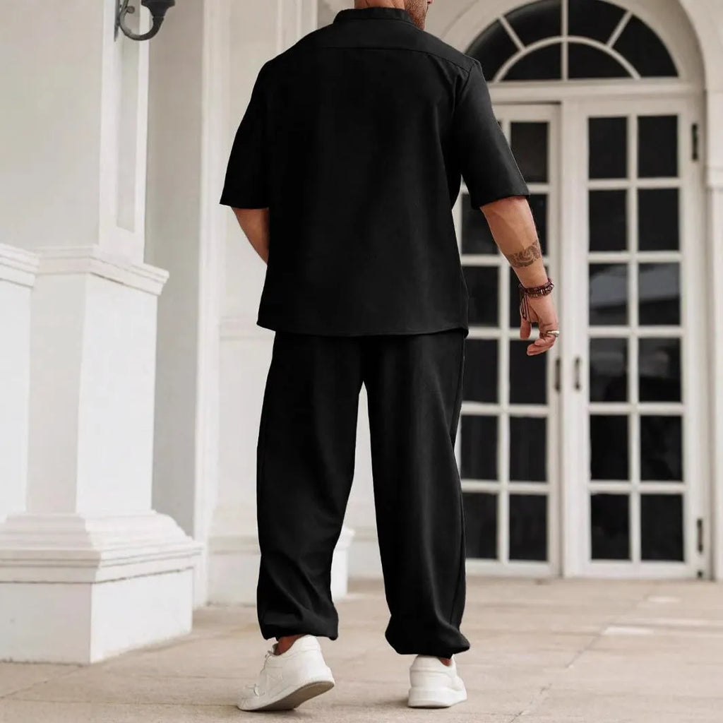 Men's casual cotton linen short-sleeved trousers set in three colour options