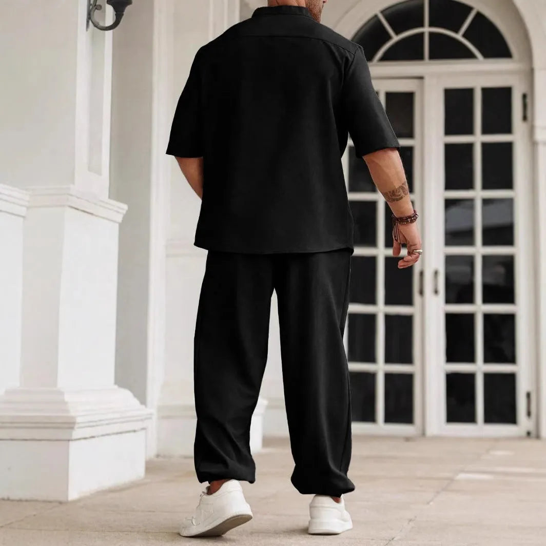 Men's casual cotton linen short-sleeved trousers set in three colour options