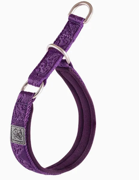 P Chain style dog collar in nylon webbing with aluminium alloy hardware, shown in an adjustable size on a colour background.