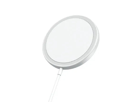 Silver metal MagSafe wireless charger with strong magnets for iPhone 12 and 13 models.