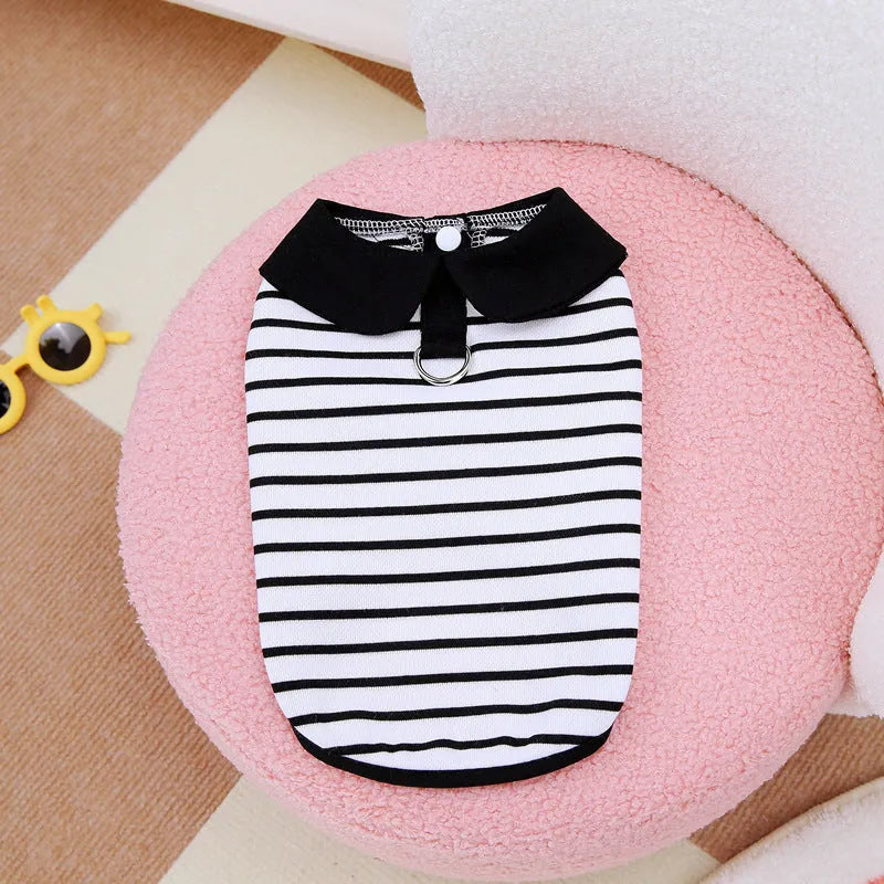 Cotton striped T-shirt and matching skirt set for a pet dog on a white background.