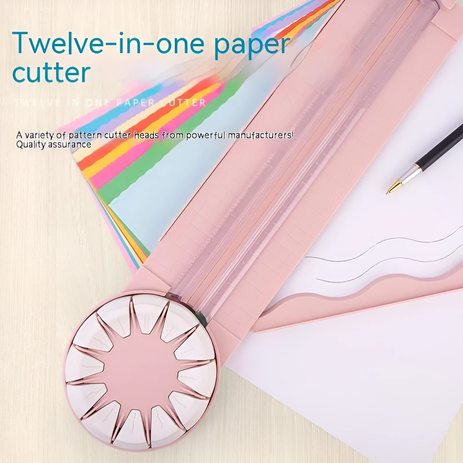 Pink 12-in-1 multifunctional paper cutting machine with dotted guide lines on its base.