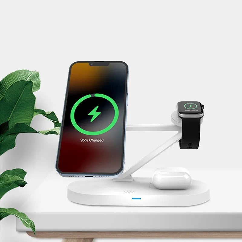 Black 3-in-1 wireless charger with magnetic suction for phone, Apple Watch and AirPods