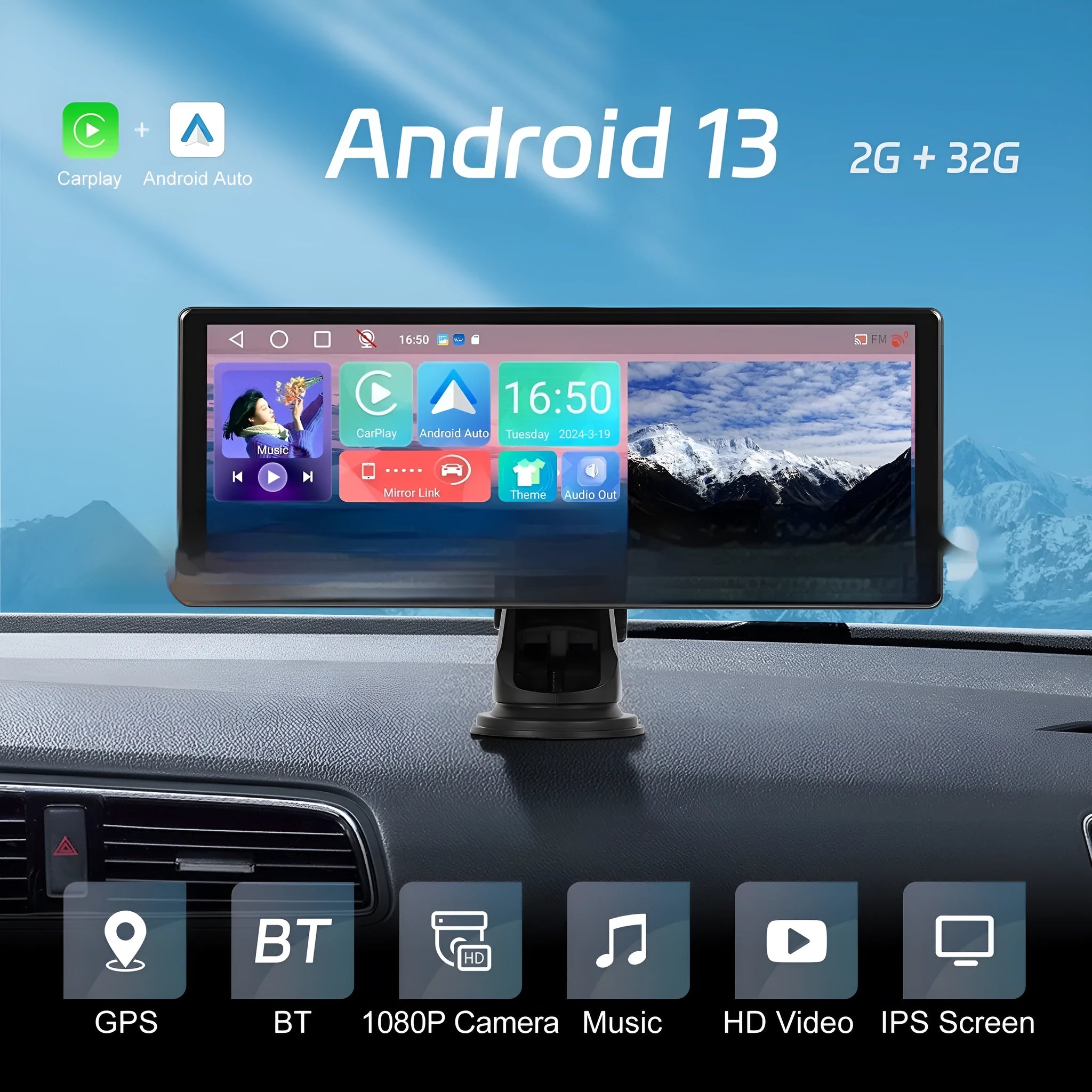 11.3-inch Android car touchscreen display with wireless CarPlay and Android Auto on universal vertical bracket