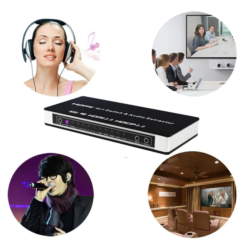Black 4x1 HDMI switch with remote control for 4K video switching and audio extraction