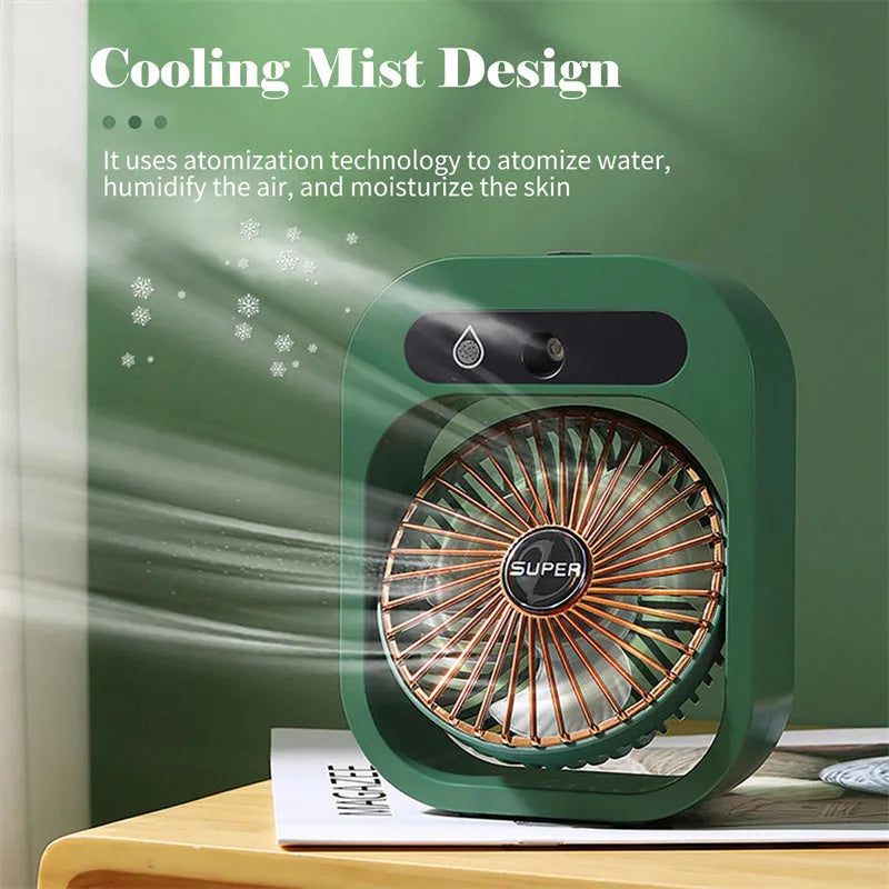 Green and white USB rechargeable misting fan air cooler with humidifier function
