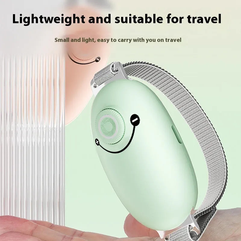 Portable smart sleeping aid instrument with ABS stainless steel body in white, pink, and green colours showing the device and webbing strap