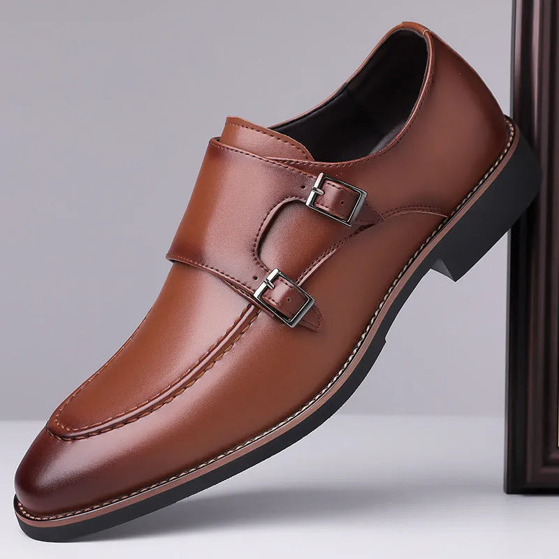 Men's slip-on business shoes in black or brown microfiber leather with pointed toe and rubber sole