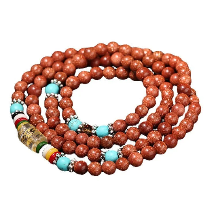 Golden Star Stone multi-circle mantra bracelet with 108 nugget sand beads and fu character design