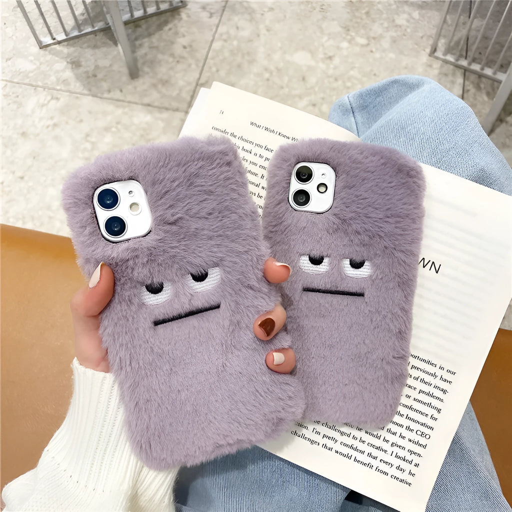 Fashion simple plush phone case cover in purple with funny emoticon design for iPhone
