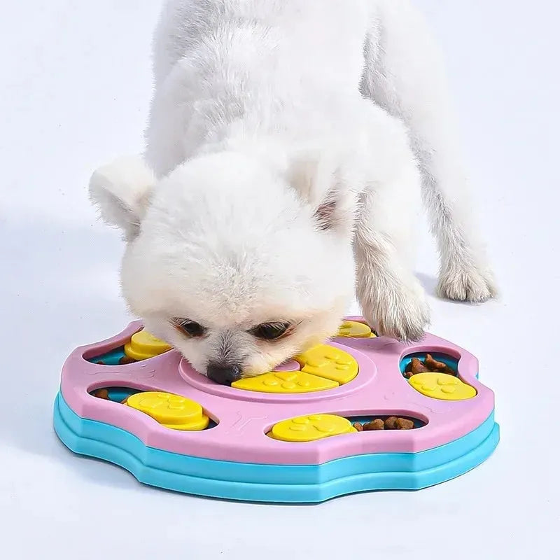 Blue dog puzzle feeder toy with interactive compartments for food dispensing during play