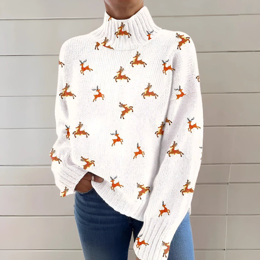 A woman wearing a loose-fit, macaron-coloured Christmas printed turtleneck sweater with long sleeves.