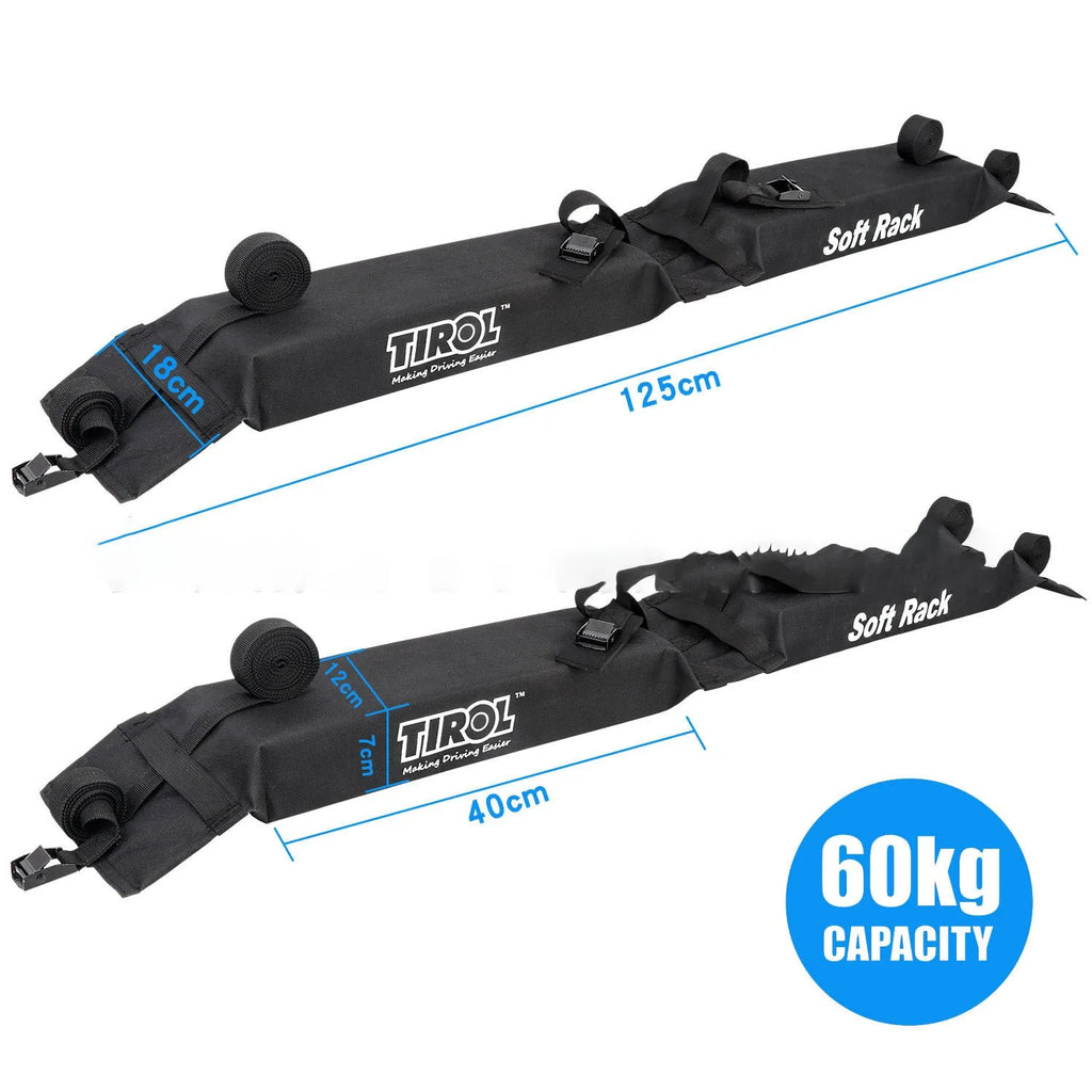 Black folding soft roof rack on a car roof, made of 600D Oxford cloth, with webbing straps and metal buckles