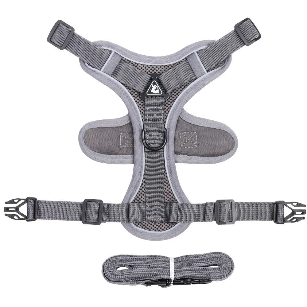Adjustable soft mesh cat harness and leash set with reflective strips shown in blue, coffee, and grey colours.