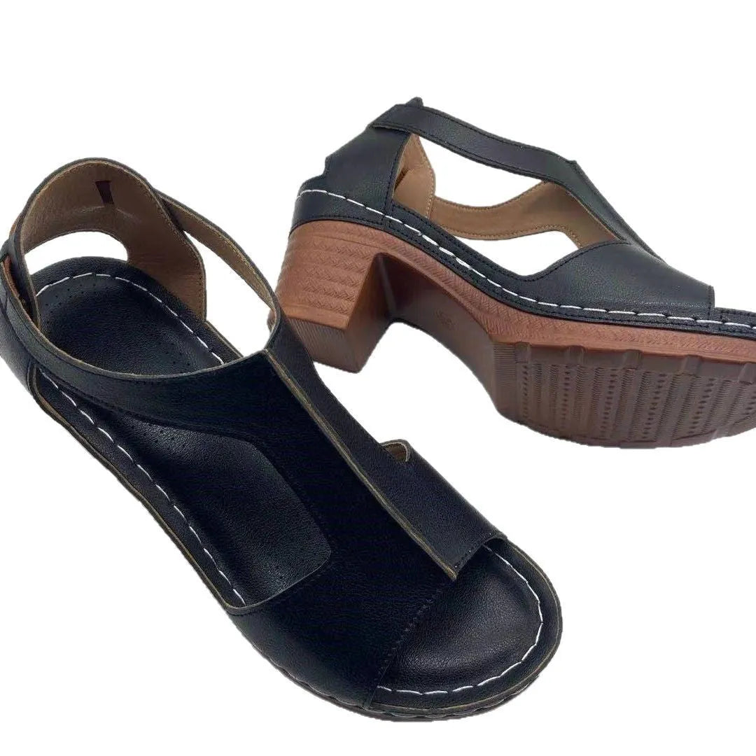 Plus size women's beige peep toe wedge sandals with a buckle strap and low heel.