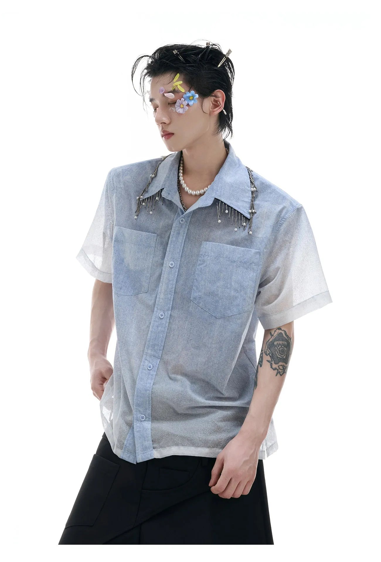 Men's loose fit blue gradient short sleeve shirt with quilted detailing
