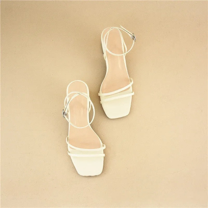 Beige women's square toe sandals with chunky stiletto heel and ankle buckle