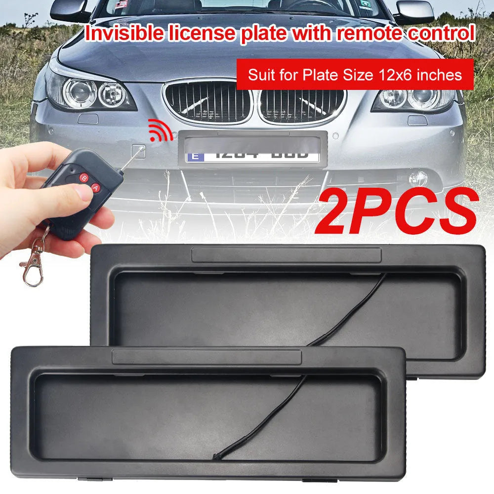 Set of two black iron license plate frames for Australian standard electric vehicle plates, pack dimensions 42.5x16x6cm